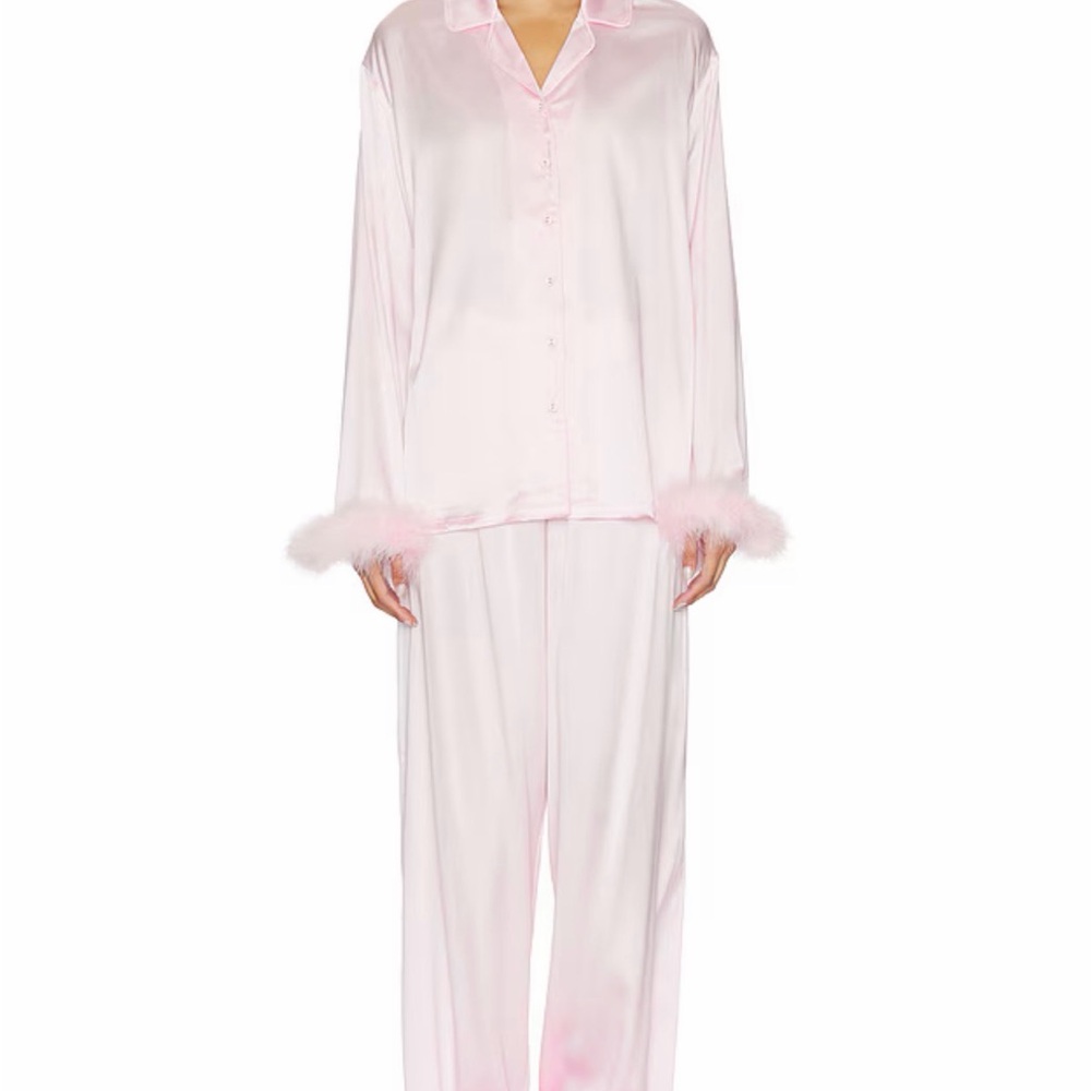 SKIMS Pink Satin Feather Trim Pajama Set | Size Small - Picture 9 of 10